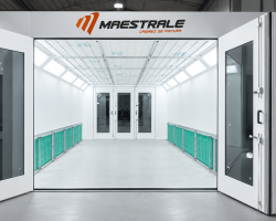 Cabine de pintura automotiva com saída lateral, sem necessidade de obra civil, com aquecimento a diesel e opção de duplo frontal