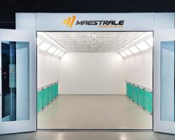 Interior da Cabine de Pintura Automotiva modelo levante, flexibilidade de instalação, sistema de aquecimento e pressão positiva